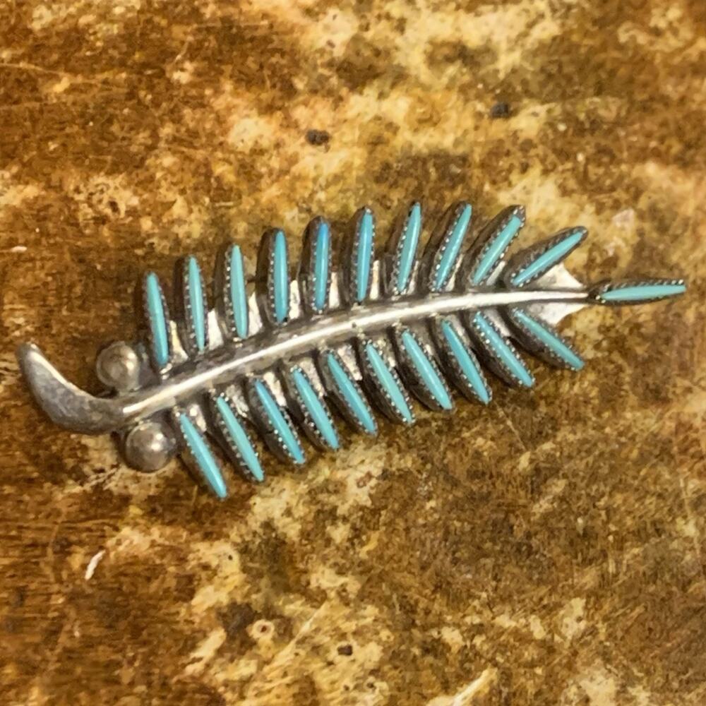 Zuni Evans Waatsa (E.B.W.) Sterling & Turq. Needlepoint Leaf/Feather Pin/Pendant